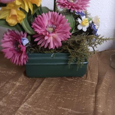 FAUX FLOWER ARRANGEMENT, DECORATIVE BIRD HOUSE AND METAL PITCHER
