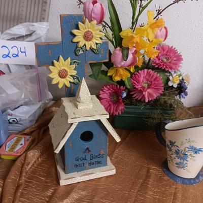 FAUX FLOWER ARRANGEMENT, DECORATIVE BIRD HOUSE AND METAL PITCHER
