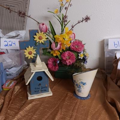 FAUX FLOWER ARRANGEMENT, DECORATIVE BIRD HOUSE AND METAL PITCHER