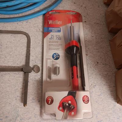 2 HEAVY DUTY EXTENSION CORDS, HAND TOOLS AND A SOLDERING IRON
