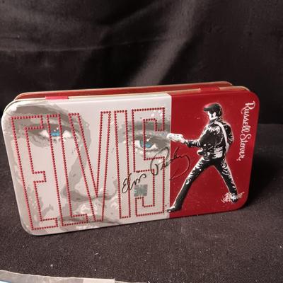 ELVIS MUSIC BOX, CARDBOARD STREET SIGN AND A TIN