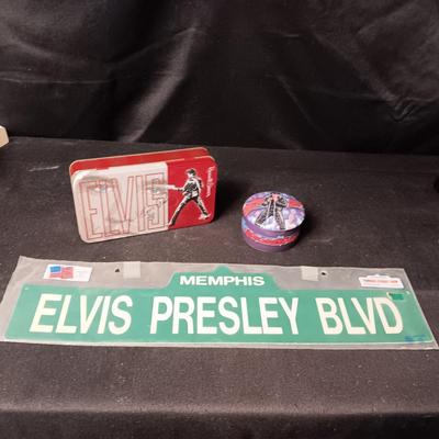 ELVIS MUSIC BOX, CARDBOARD STREET SIGN AND A TIN