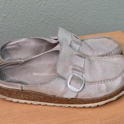Shiny Silver Birkenstock Slip Ons