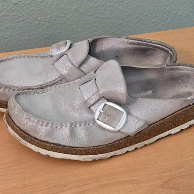 Shiny Silver Birkenstock Slip Ons