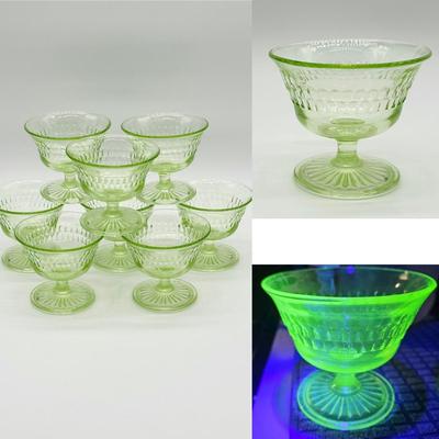 ANCHOR HOCKING ~ Roulette Green ~ Depression Uranium Sherbet ~ Eight (8)