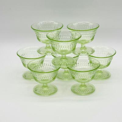 ANCHOR HOCKING ~ Roulette Green ~ Depression Uranium Sherbet ~ Eight (8)