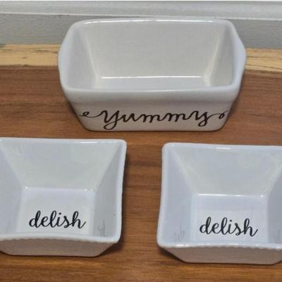 (2) Delish and (1) Yummy Ceramic Snack Bowls