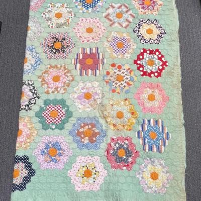 Vintage Handmade Quilt Grandmother's Flowering Garden, Multi-colored flower design 38" x 54"