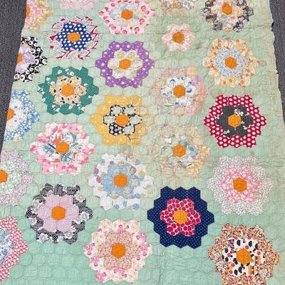 Vintage Handmade Quilt Grandmother's Flowering Garden, Multi-colored flower design 38" x 54"