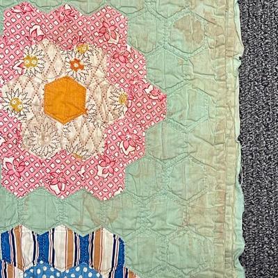 Vintage Handmade Quilt Grandmother's Flowering Garden, Multi-colored flower design 38" x 54"