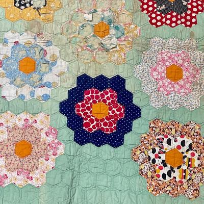 Vintage Handmade Quilt Grandmother's Flowering Garden, Multi-colored flower design 38" x 54"