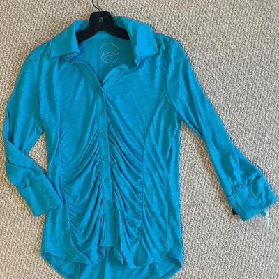 Brand New w/Tags INC Turquoise Ruched Button-Up Blouse, Size PS