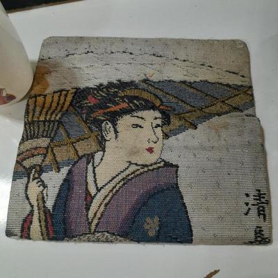 Asian style Tea set with mugs - checkbook cover - and wooden fan