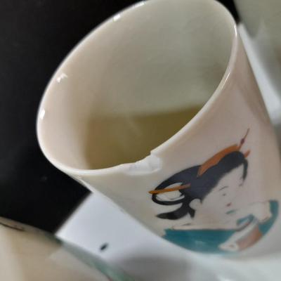 Asian style Tea set with mugs - checkbook cover - and wooden fan