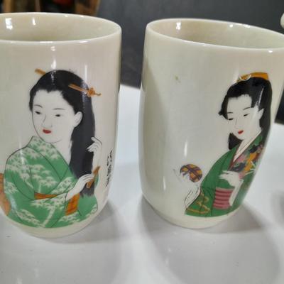 Asian style Tea set with mugs - checkbook cover - and wooden fan