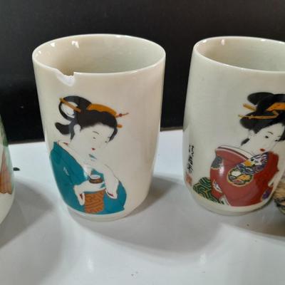 Asian style Tea set with mugs - checkbook cover - and wooden fan