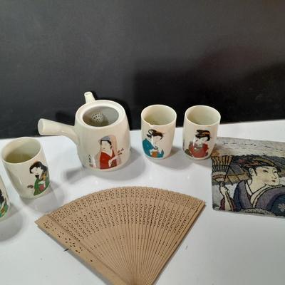 Asian style Tea set with mugs - checkbook cover - and wooden fan
