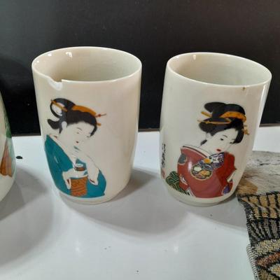 Asian style Tea set with mugs - checkbook cover - and wooden fan