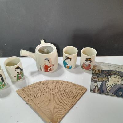 Asian style Tea set with mugs - checkbook cover - and wooden fan