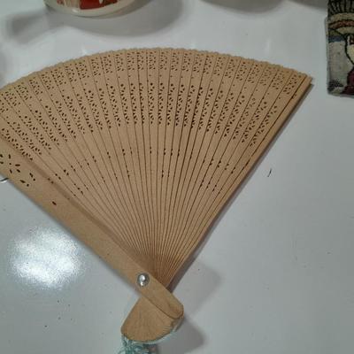 Asian style Tea set with mugs - checkbook cover - and wooden fan