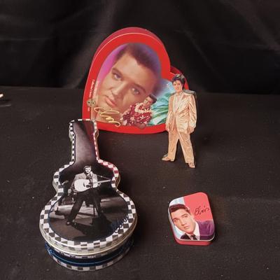 ELVIS VALENTINE HEART, FREE STANDING ELVIS, GUITAR AND SMALL TINS