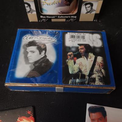 ELVIS COFFEE MUG, 2 DECKS OF PLAYING CARDS AND 2 GREETING CARDS