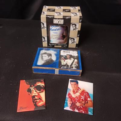 ELVIS COFFEE MUG, 2 DECKS OF PLAYING CARDS AND 2 GREETING CARDS
