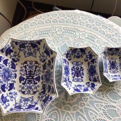 Set of Three Blue and White Serving Bowls.