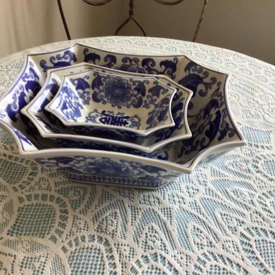 Set of Three Blue and White Serving Bowls.