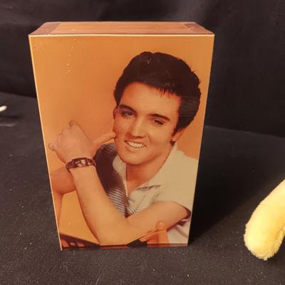 2 ELVIS MUSIC CD'S, KEYCHAIN, WOODEN BOX AND TY BEANIE BABY