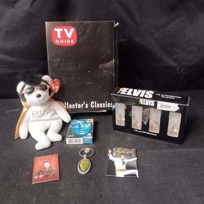 ELVIS SHOT GLASSES, MAGNETS, TY BEANIE BABY, DECK OF CARDS, KEYCHAIN & TV GUIDE