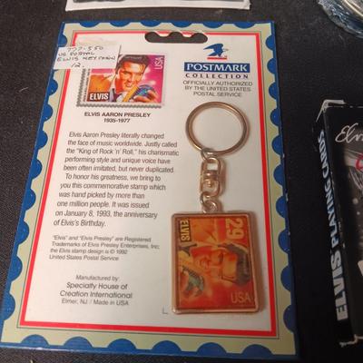 ELVIS TY BEANIE BABY, DECK OF CARDS, GUITAR TIN, KEYCHAIN & STICKERS