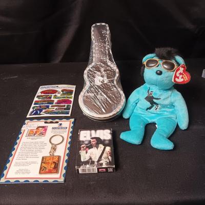 ELVIS TY BEANIE BABY, DECK OF CARDS, GUITAR TIN, KEYCHAIN & STICKERS