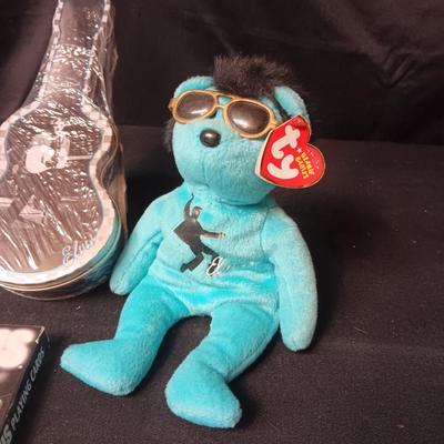 ELVIS TY BEANIE BABY, DECK OF CARDS, GUITAR TIN, KEYCHAIN & STICKERS