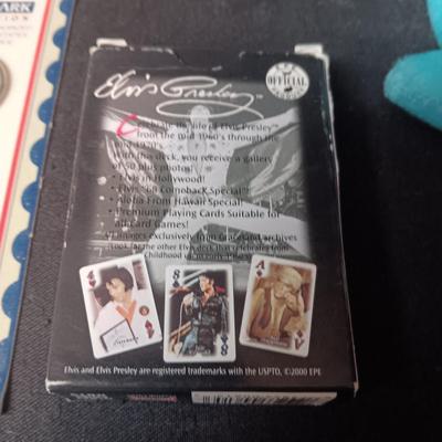 ELVIS TY BEANIE BABY, DECK OF CARDS, GUITAR TIN, KEYCHAIN & STICKERS