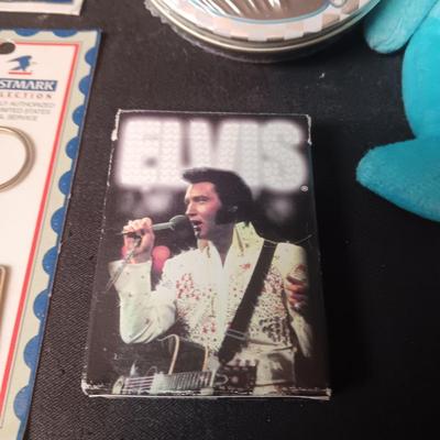 ELVIS TY BEANIE BABY, DECK OF CARDS, GUITAR TIN, KEYCHAIN & STICKERS