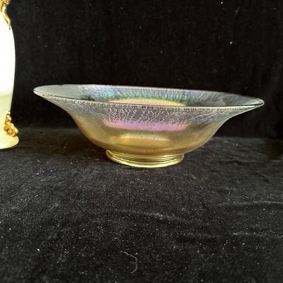 LARGE GLASS IRIDESCENT BOWL AND A CERAMIC VASE