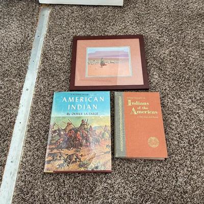 2 BOOKS ON AMERICAN INDIANS AND A FRAMED PICTURE