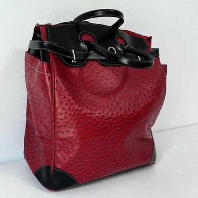 Faux Red Leather Ostrich Skin Rolling Tote Bag
