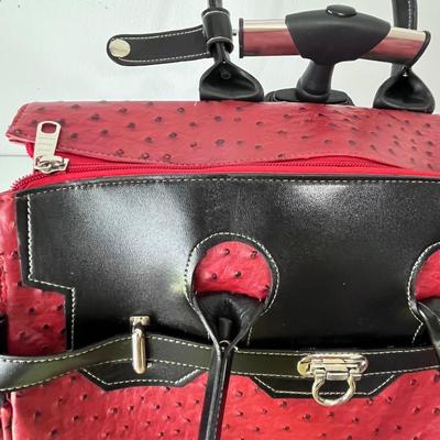 Faux Red Leather Ostrich Skin Rolling Tote Bag
