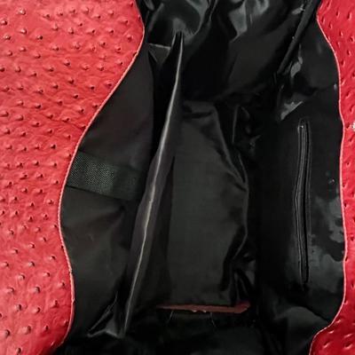 Faux Red Leather Ostrich Skin Rolling Tote Bag