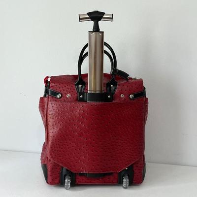 Faux Red Leather Ostrich Skin Rolling Tote Bag