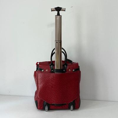 Faux Red Leather Ostrich Skin Rolling Tote Bag