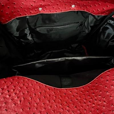 Faux Red Leather Ostrich Skin Rolling Tote Bag