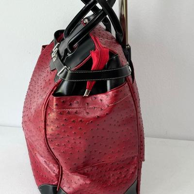 Faux Red Leather Ostrich Skin Rolling Tote Bag