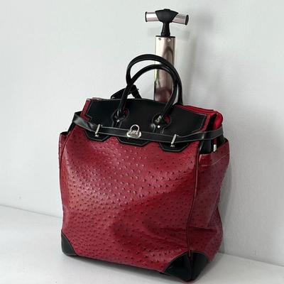 Faux Red Leather Ostrich Skin Rolling Tote Bag