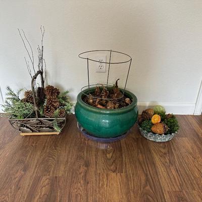 LARGE FLOWER POT AND FAUX FOLIAGE IN BASKET