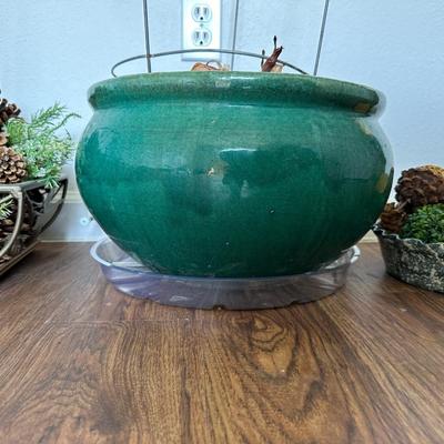 LARGE FLOWER POT AND FAUX FOLIAGE IN BASKET