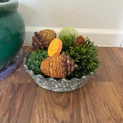 LARGE FLOWER POT AND FAUX FOLIAGE IN BASKET
