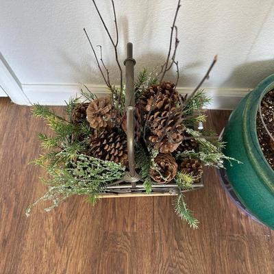 LARGE FLOWER POT AND FAUX FOLIAGE IN BASKET